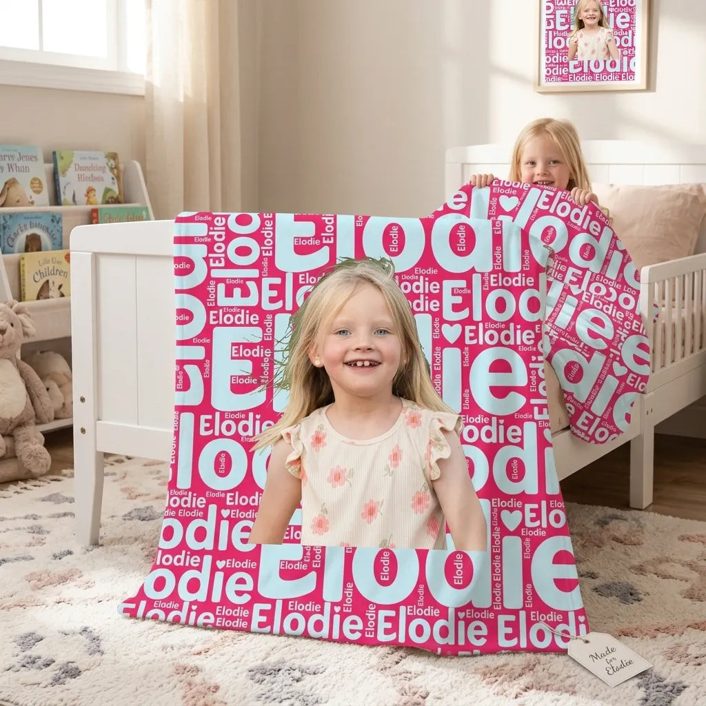 Customized Kid Blanket With Photo and World Cloud Name